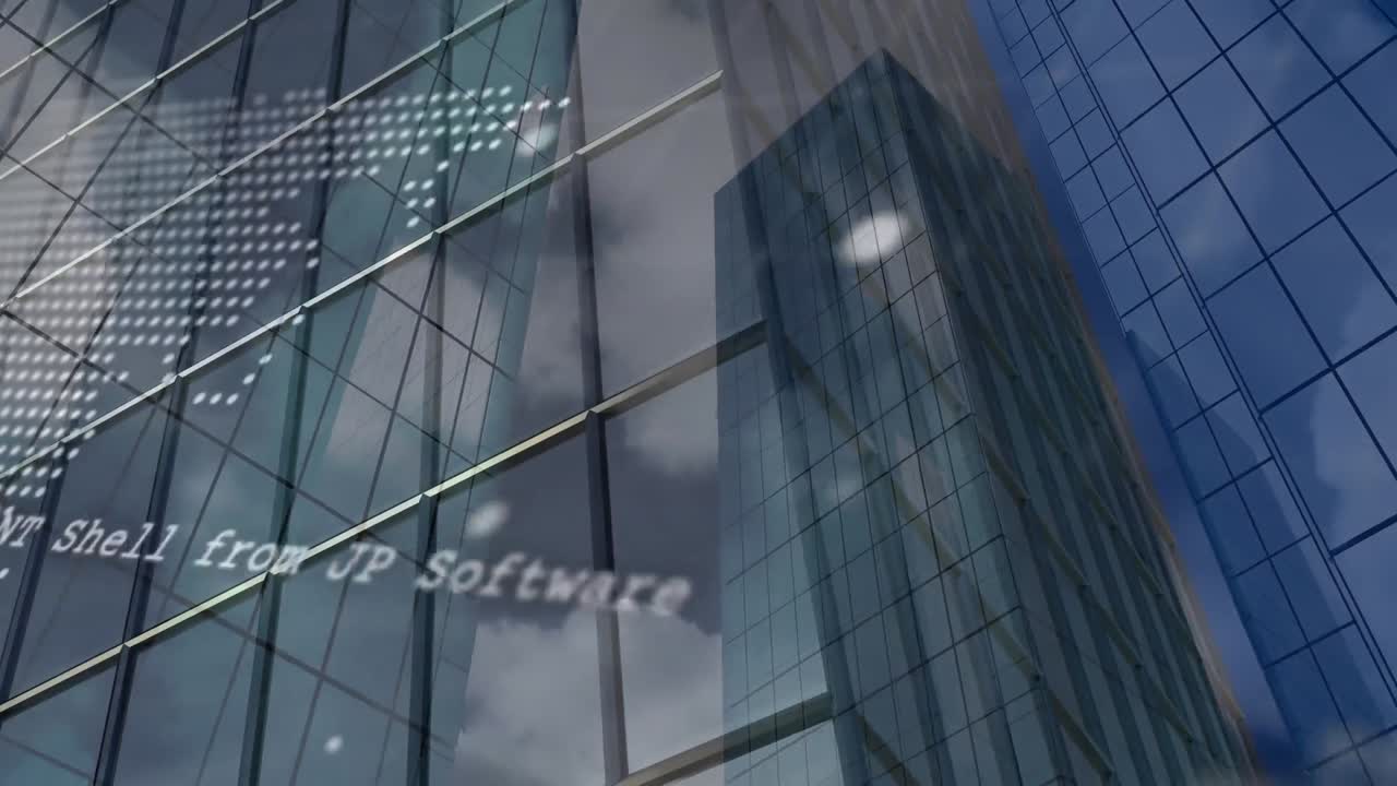 Animation of spinning globe and world map against low angle view of tall buildings