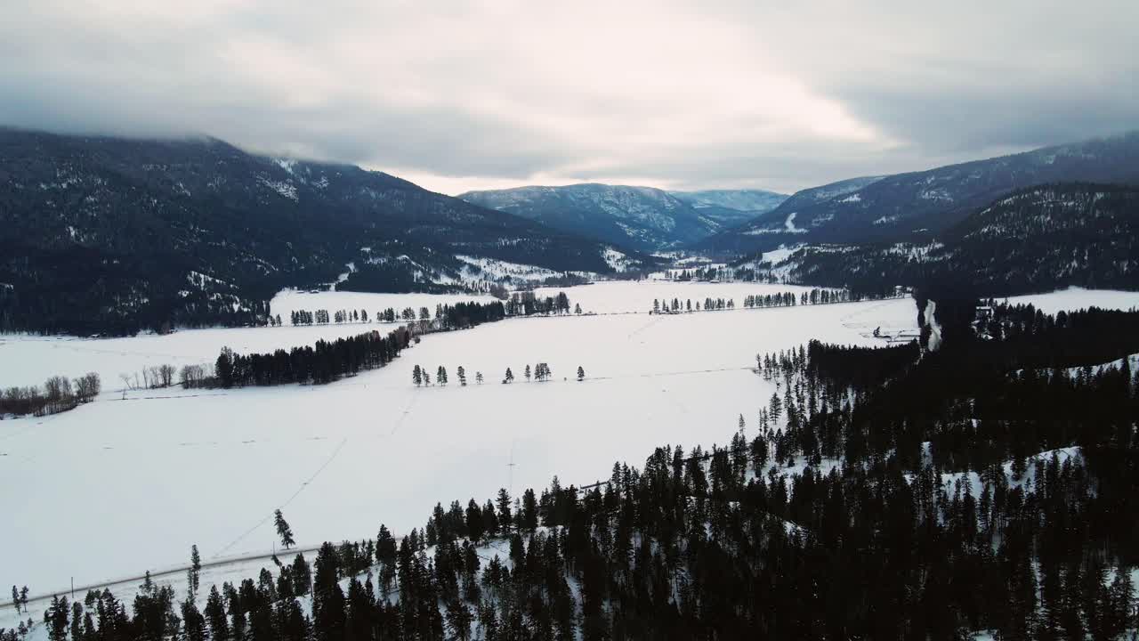 panorama invernal: vista impresionante sobre el valle de ranchos cubiertos de nieve cerca de westwold en la región de thompson-nicola, rodeado de bosques saludables