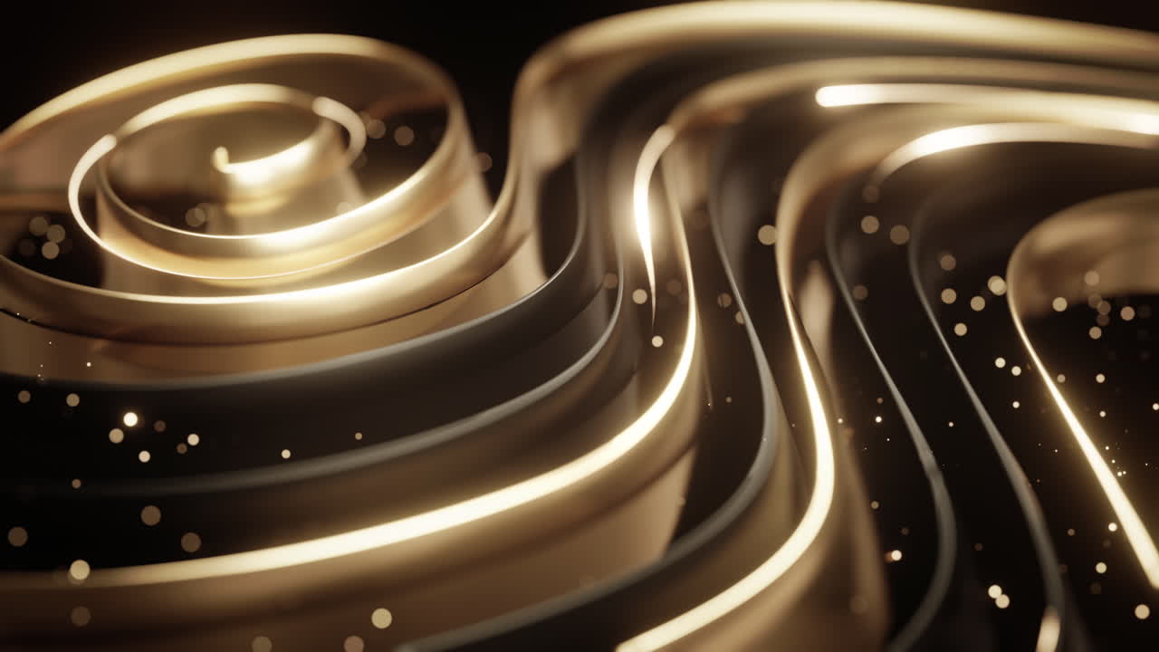 Sfondo di lusso astratto con curve dorate, obiettivo macro, animazione di particelle di glitter luminose, bagliore di luce in movimento, in loop