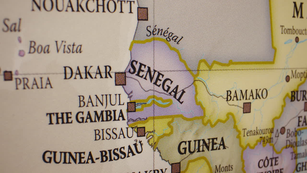 Close-up of a map focusing on West African countries and major cities