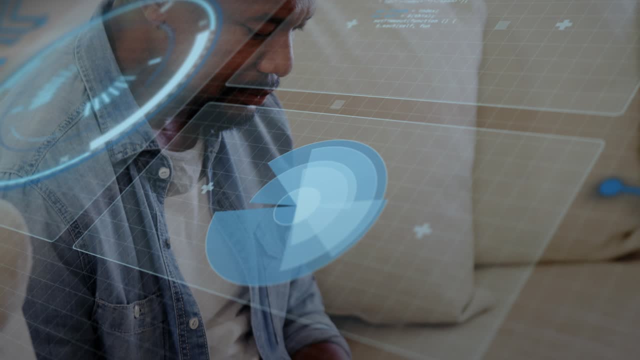 Man typing laptop causing blue HUD overlay shifting camera pulling back raising phone for tech call