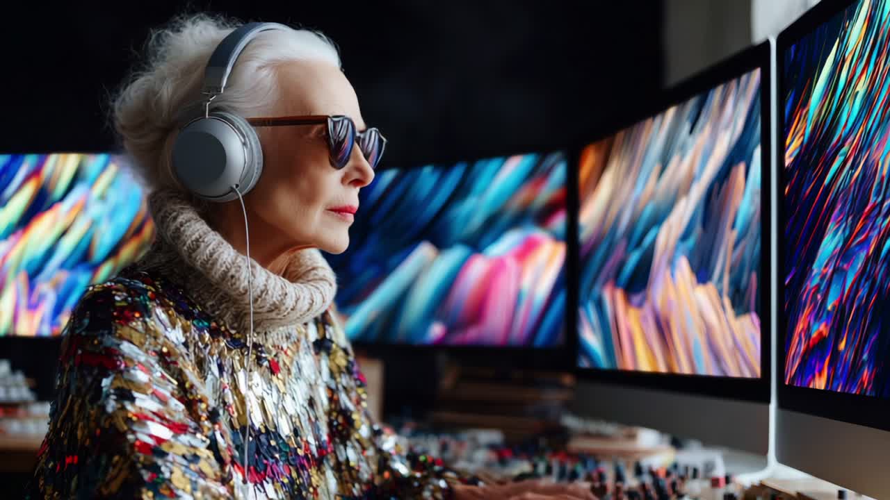 An Elegant Senior Woman Engrossed in Digital Creation at Dual Computer Monitors, Wearing Headphones and Stylish Sunglasses, Surrounded by Vibrant Colorful Abstract Visuals