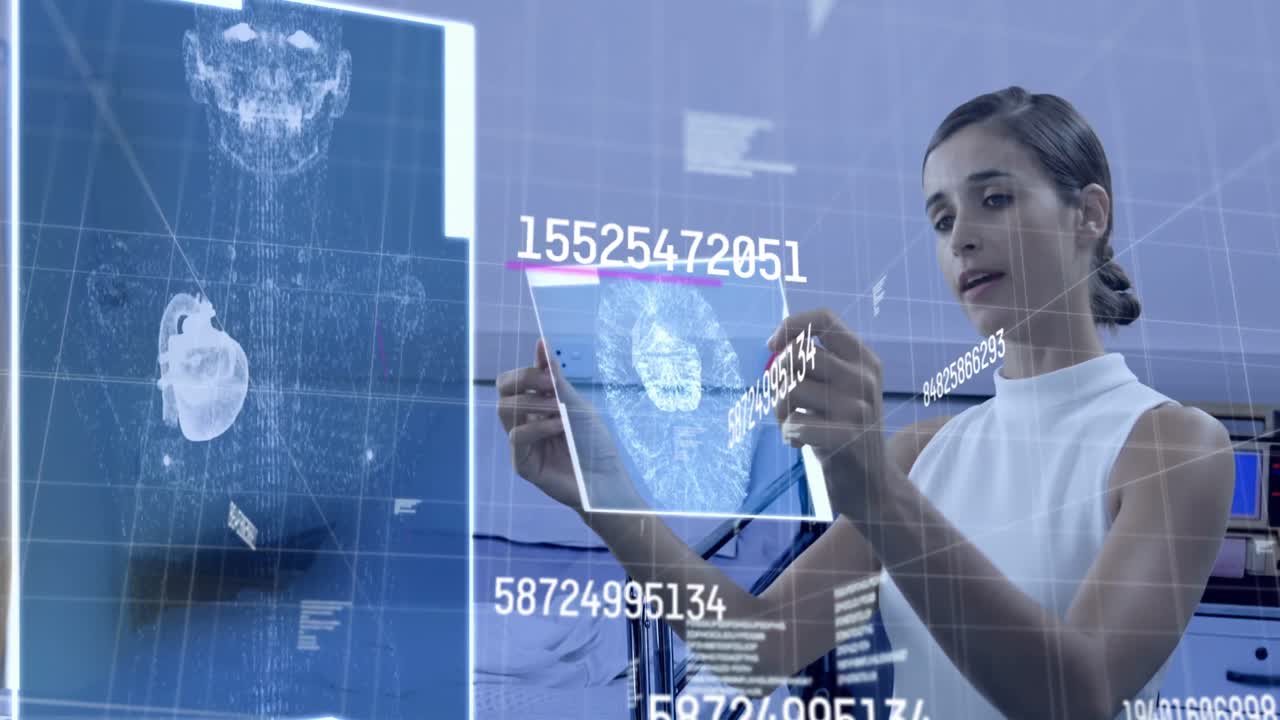 animación de una doctora caucásica con rayos x sobre números