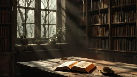 warm sunlight streams through windows illuminating an open book on a rustic wooden table