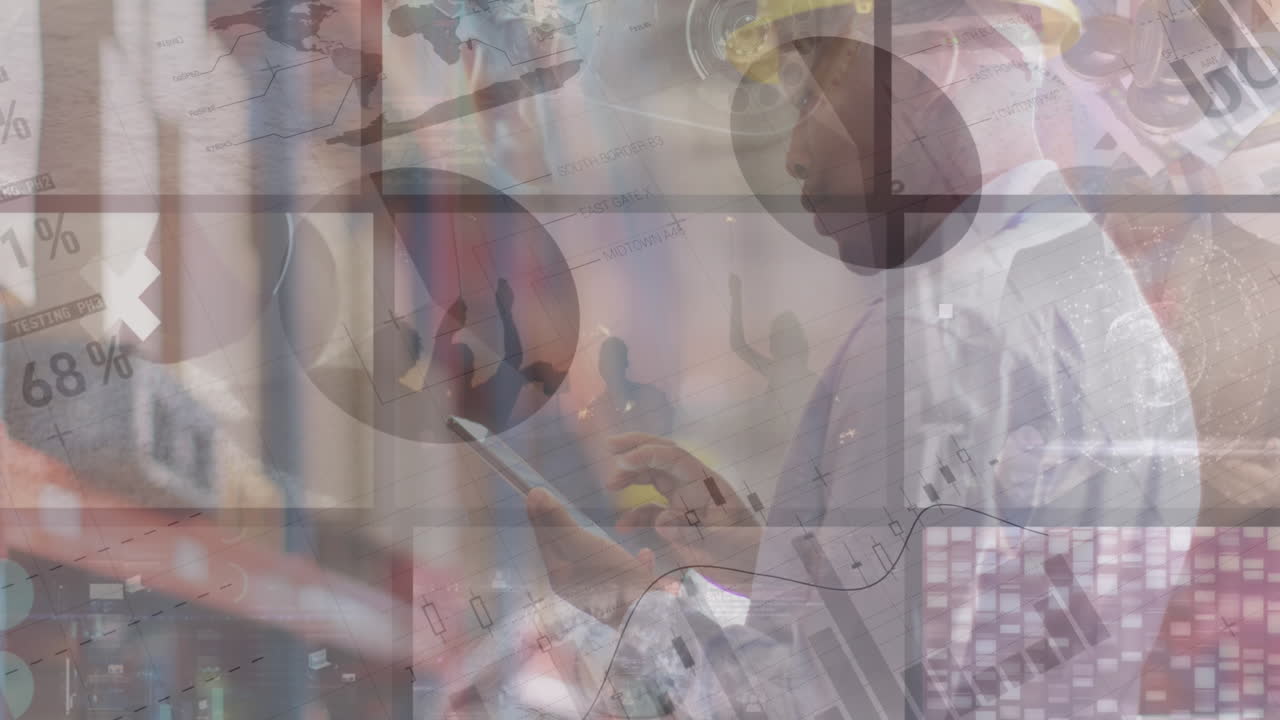 animación de estadísticas y procesamiento de datos sobre hombre afroamericano trabajando en un almacén.