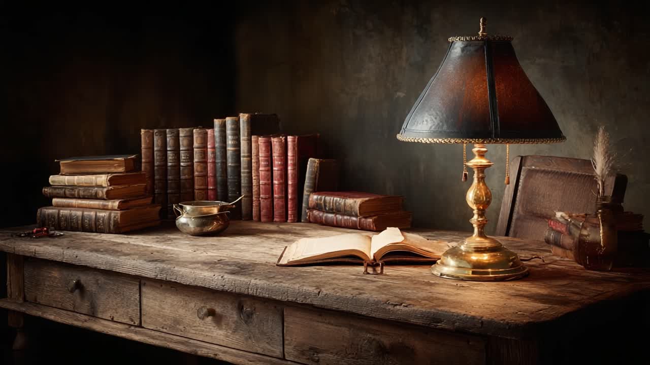 Un angolo lettura accogliente: un'elegante scrivania antica circondata da libri rilegati in pelle e una lampada vintage, perfetto per rilassarsi con un buon libro in un'atmosfera calda