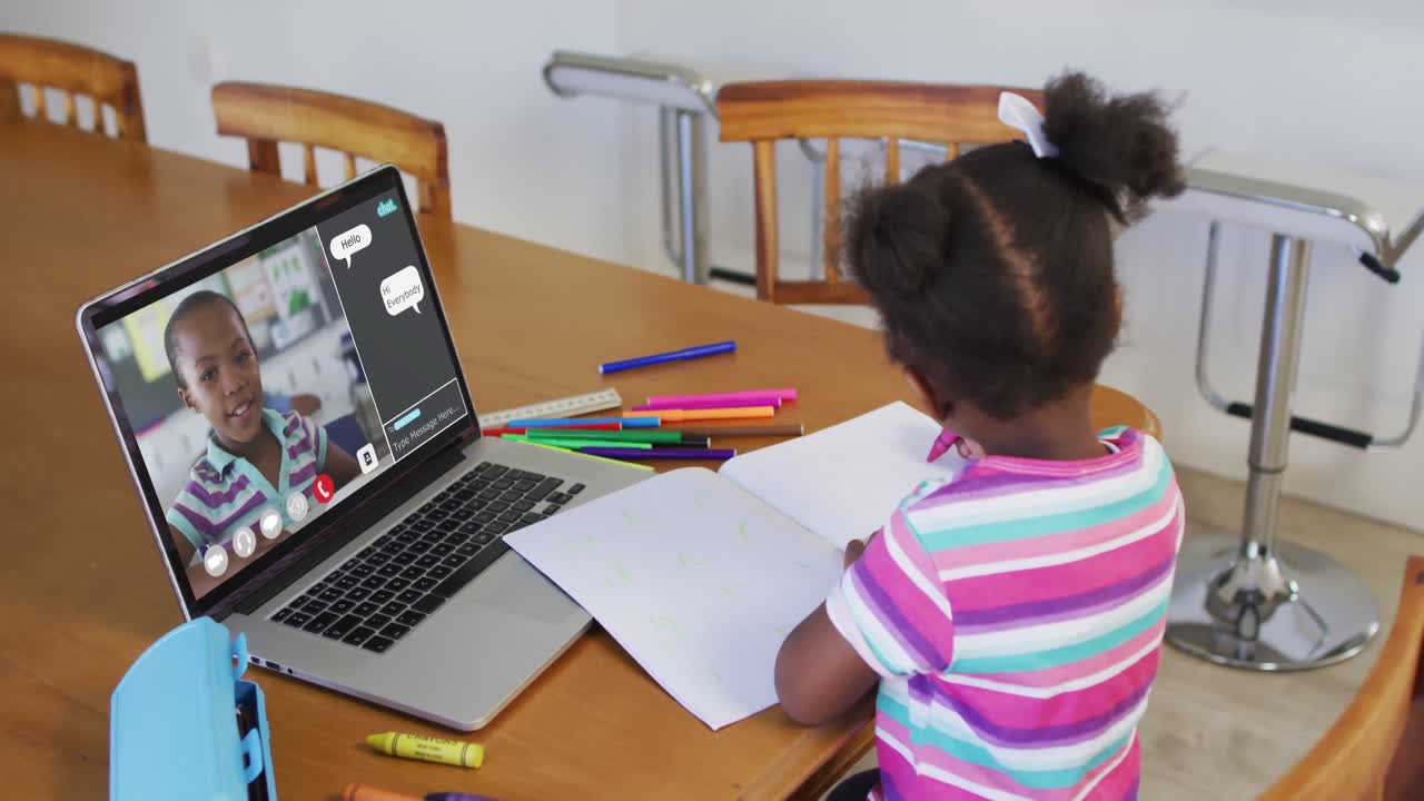 Schoolgirl using laptop for online lesson at home, with her colleague and web chat on screen