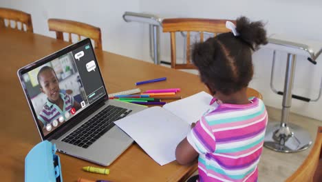 Schoolgirl-using-laptop-for-online-lesson-at-home,-with-her-colleague-and-web-chat-on-screen