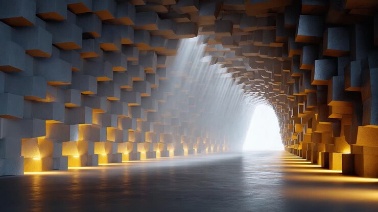 Prospettiva architettonica mozzafiato di un tunnel texturizzato illuminato da una luce soffusa, che conduce verso un orizzonte luminoso, creando un senso di profondità e meraviglia