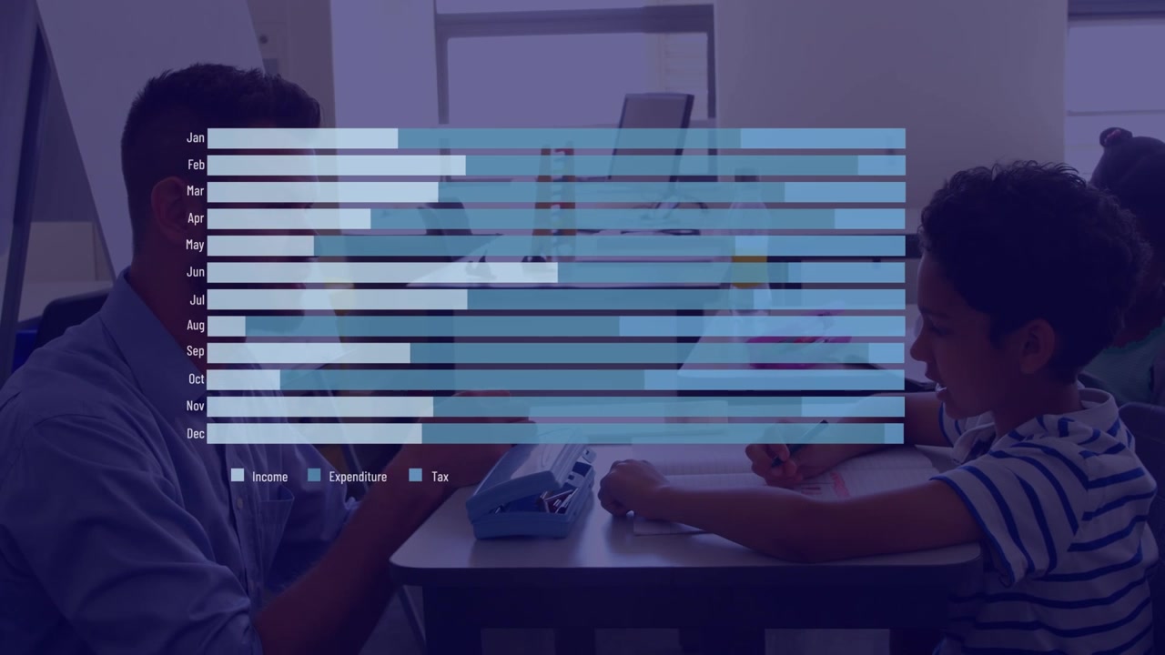 Statistical data processing over caucasian male teacher teaching african american boy at school