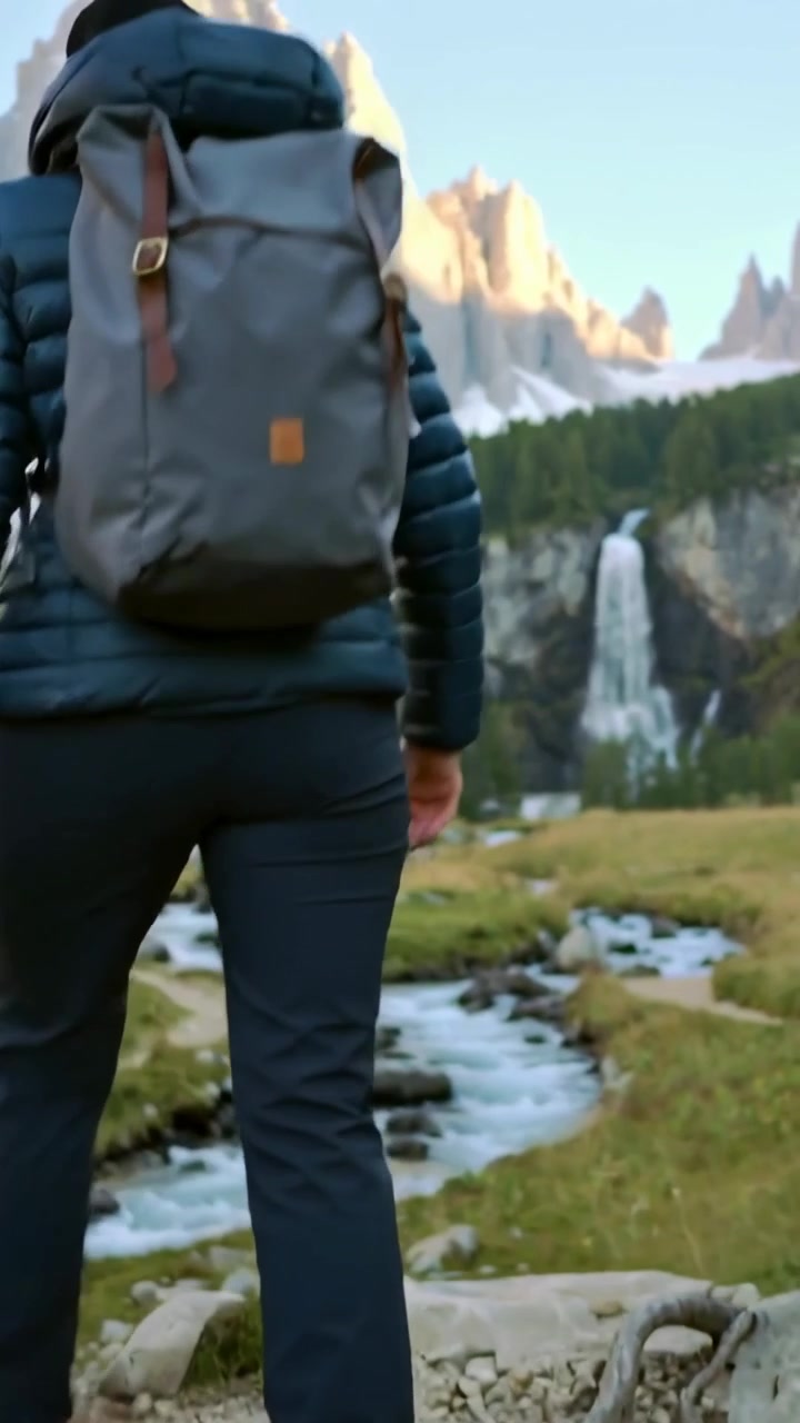 Video verticale: Escursionista con piumino che entra da destra con uno zaino verso una cascata, spazio per il testo.
