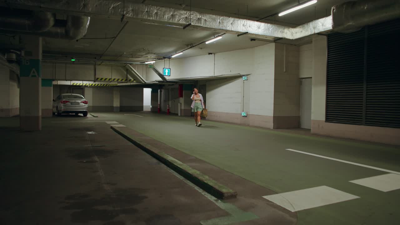 Una donna cammina in un parcheggio vuoto
