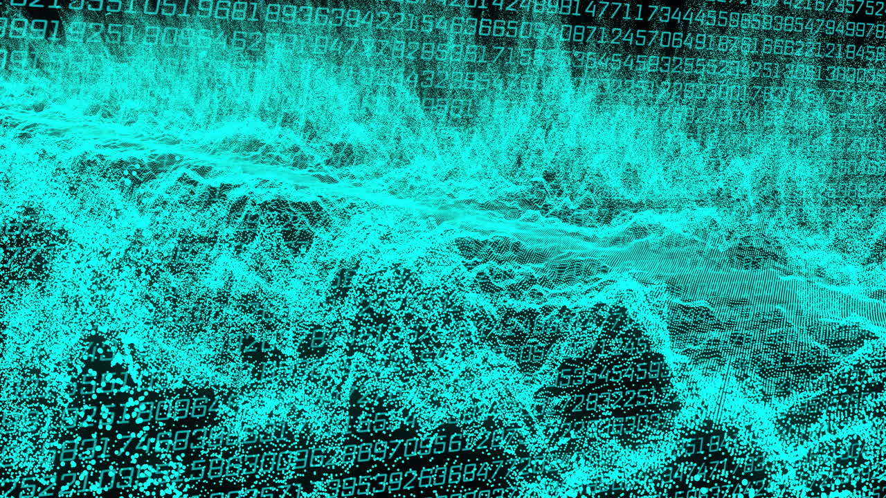 visualización de datos digitales con código binario y patrones de onda, que representan el procesamiento de datos