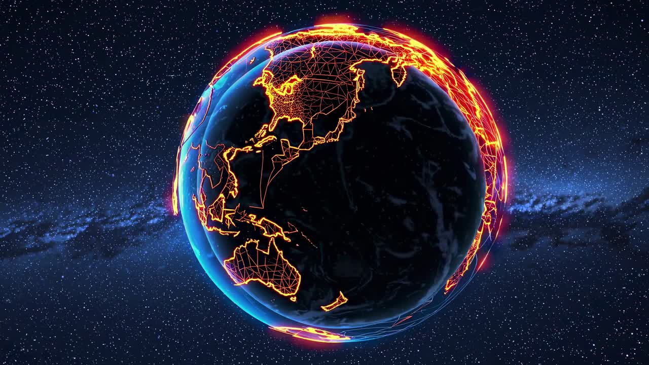 Aerial view of a digital Earth with glowing network lines, set against a starry backdrop