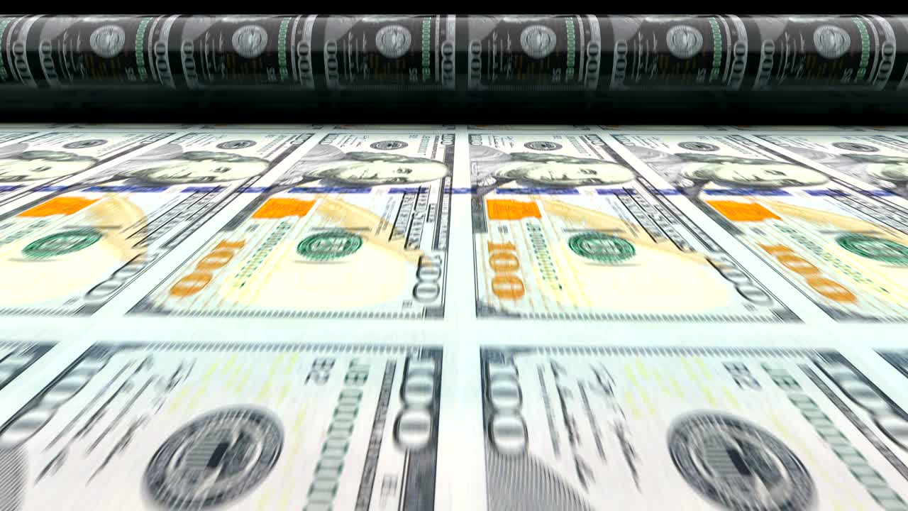 미국 달러 인쇄 과정: 프레스 기계에 의해 인쇄 된 100 달러 지폐