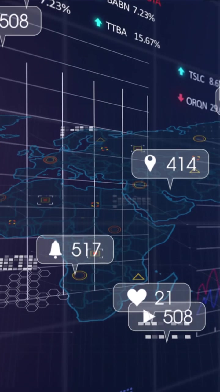 Animation of changing numbers and icon on message boxes over graphs , trading board and map