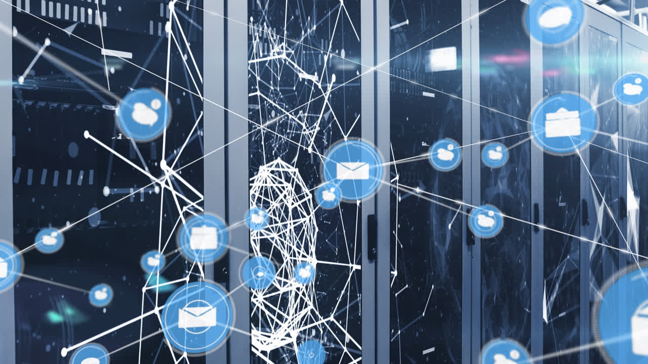Animation of network of connections with icons over servers