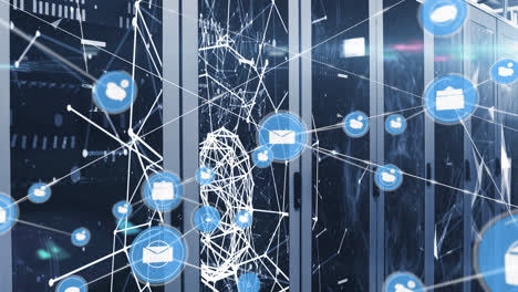 animation of network of connections with icons over servers