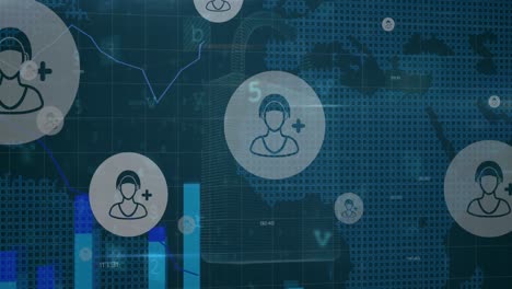 animación del procesamiento de datos financieros y el mapa del mundo y los iconos