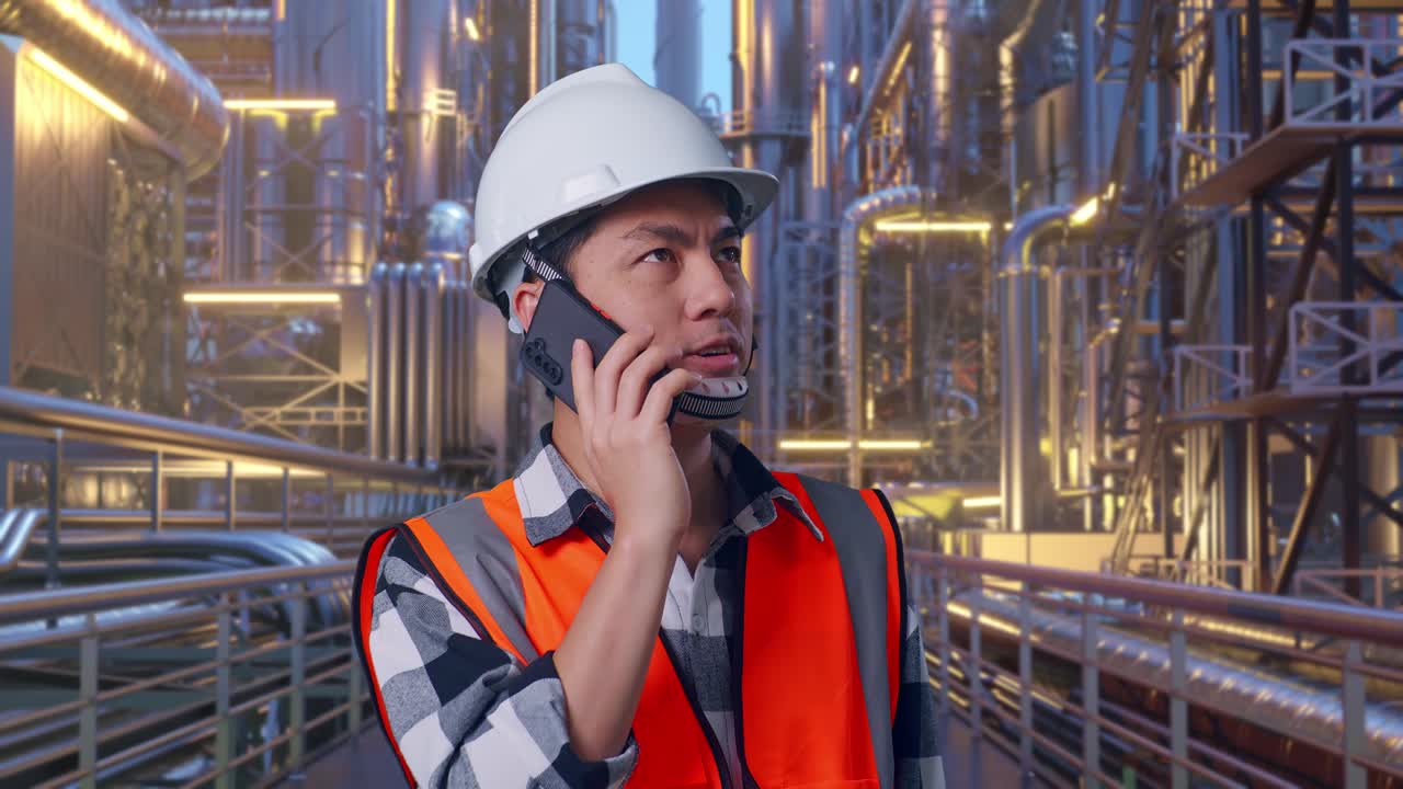 Close Up Of Asian Male Engineer With Safety Helmet Talking On Smartphone While Standing At A Vast Oil Refinery
