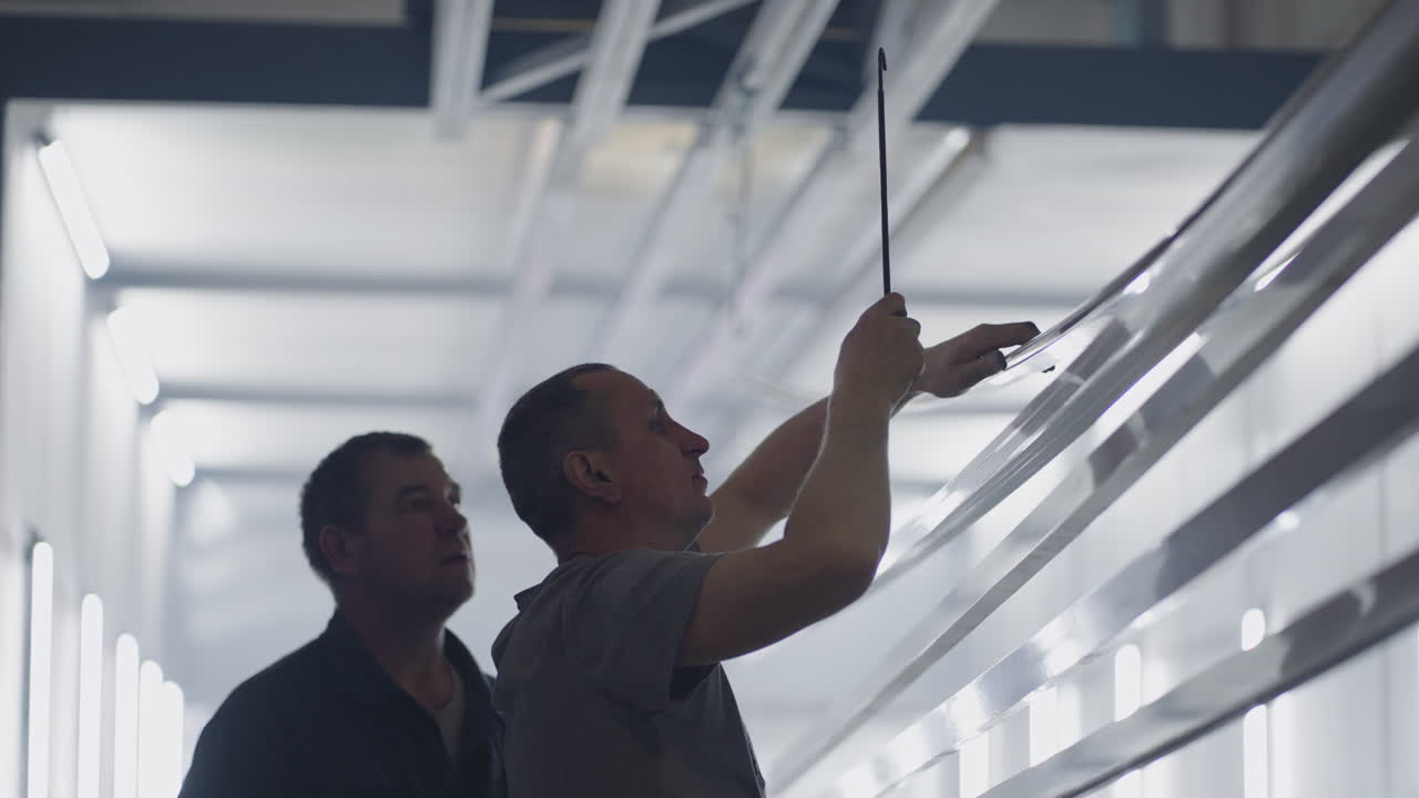 Two working male painters prepare steel metal elements for painting by fixing them on suspensions. Paint parts in the production room. slow-motion filming.