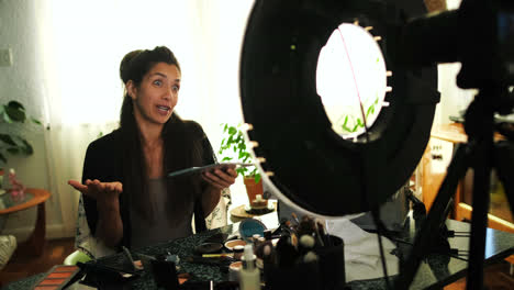 female blogger interacting about cosmetics 4k