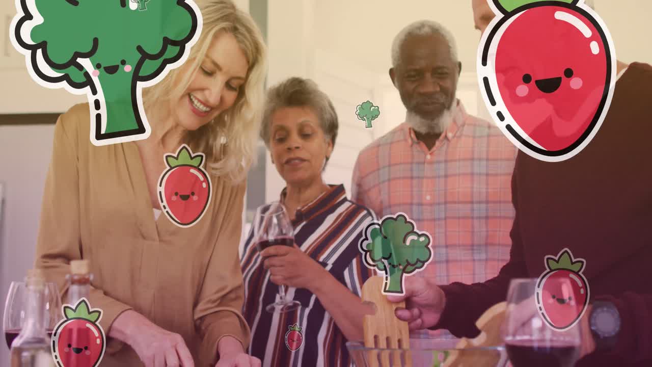 анимация икон овощей над разнообразной группой пожилых людей, готовящих