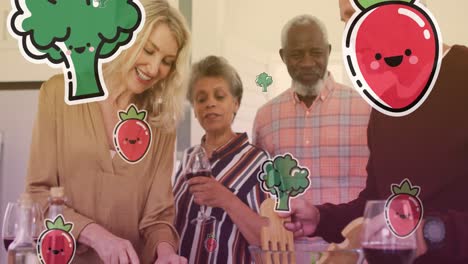 animación de iconos de verduras sobre un grupo diverso de ancianos cocinando