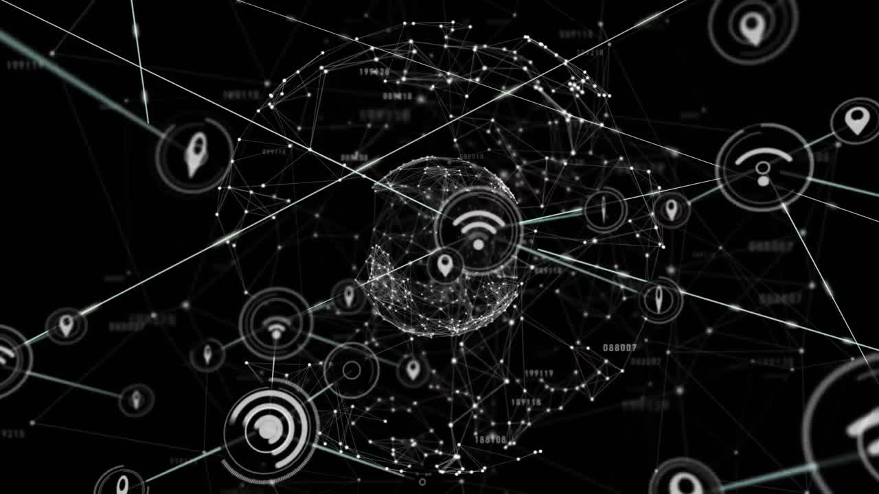 animación de una red de iconos digitales y un globo de una red de conexiones contra un fondo negro