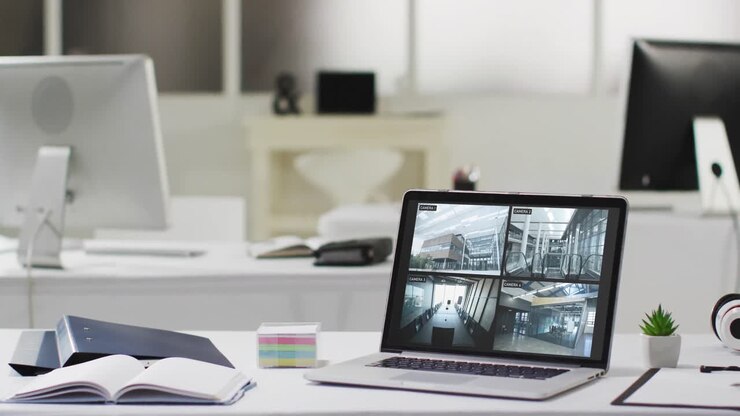 Laptop on office desk showing four security camera views of office complex, slow motion
