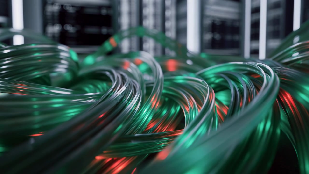 Close view of bundled green network cables curving across the lower foreground in a modern server room, with dark rack equipment, blurred status lights