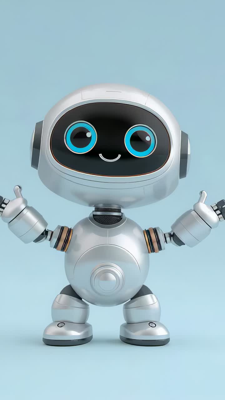 Video verticale: camera con zoom che mostra un robot argentato che sorride su uno sfondo blu pallido con sfere luminose