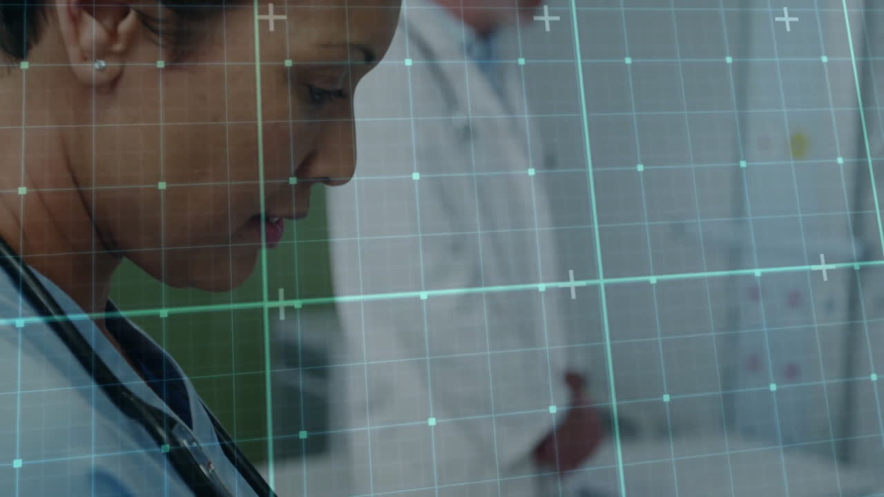 In hospital, medical professional analyzing digital data with animation overlay