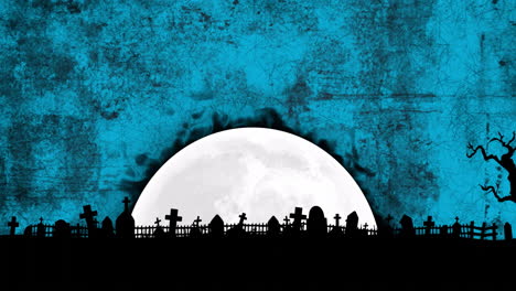 silhouetted graveyard with tombstones over full moon animation on textured blue background