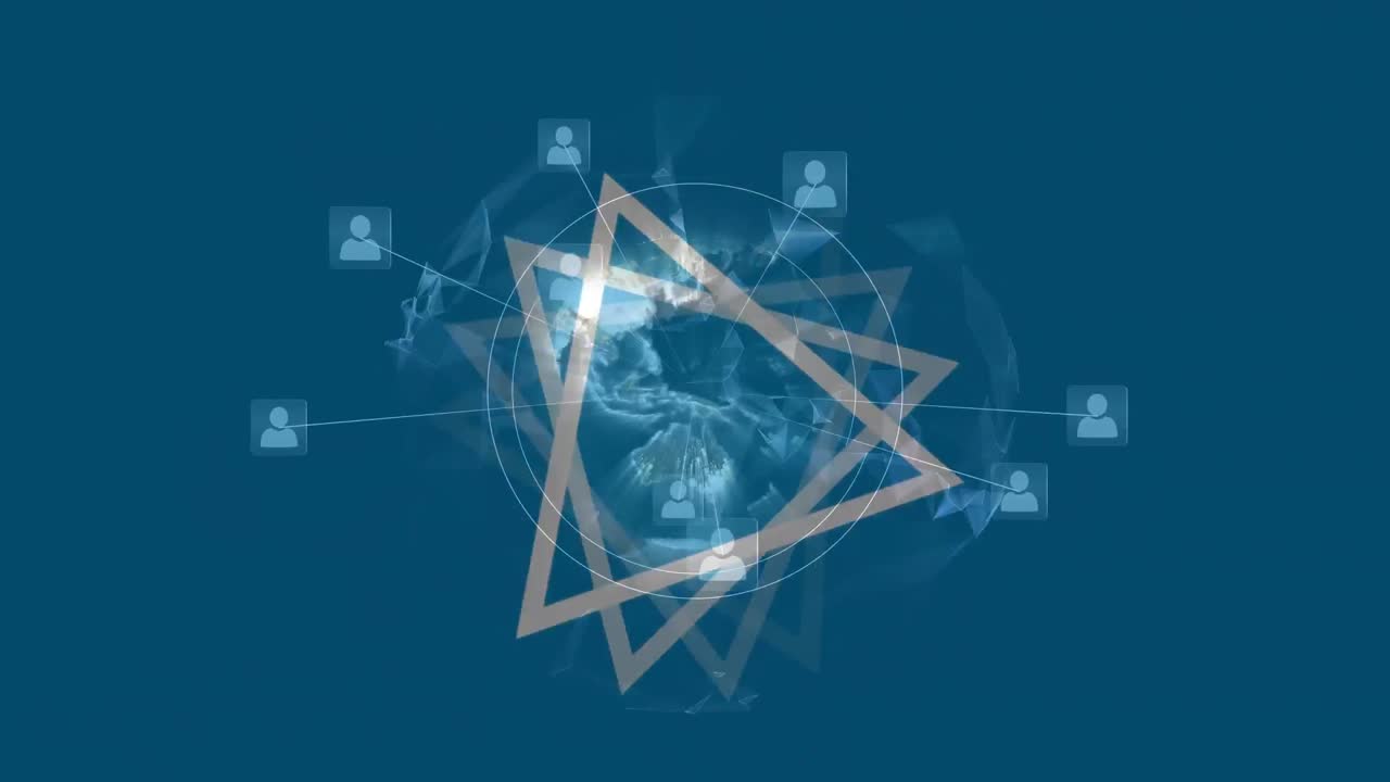 연결 네트워크의 글로브와 함께 회전하는  ⁇  삼각형의 애니메이션