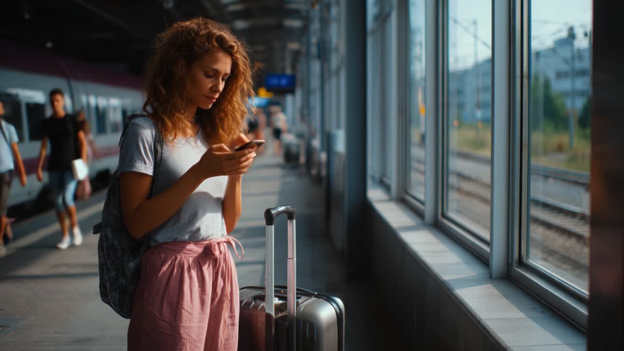 A traveler waits at the train station, engrossed in her smartphone, surrounded by her luggage, with natural light pouring in through the large windows