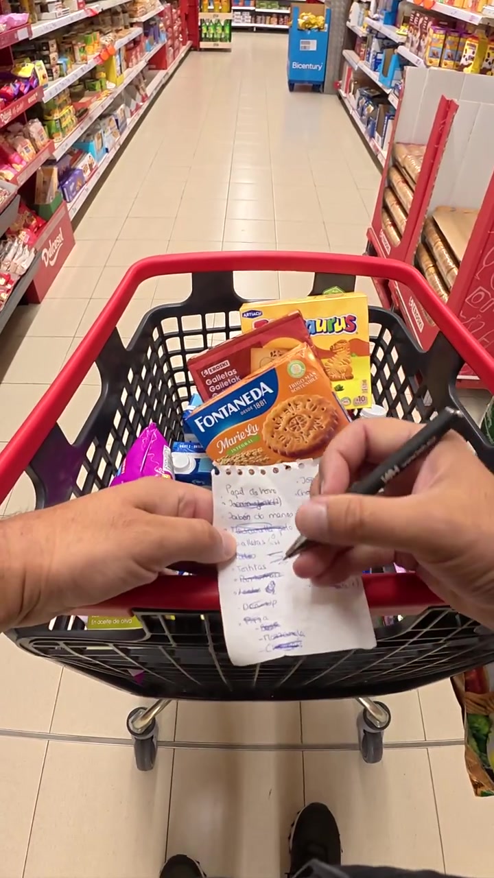 Persona revisando la lista de compras mientras empuja el carrito en el supermercado.