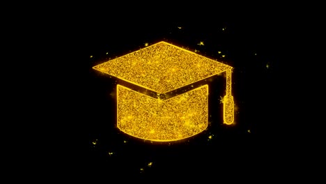 el icono de la gorra de graduación hace chispas de partículas sobre un fondo negro.