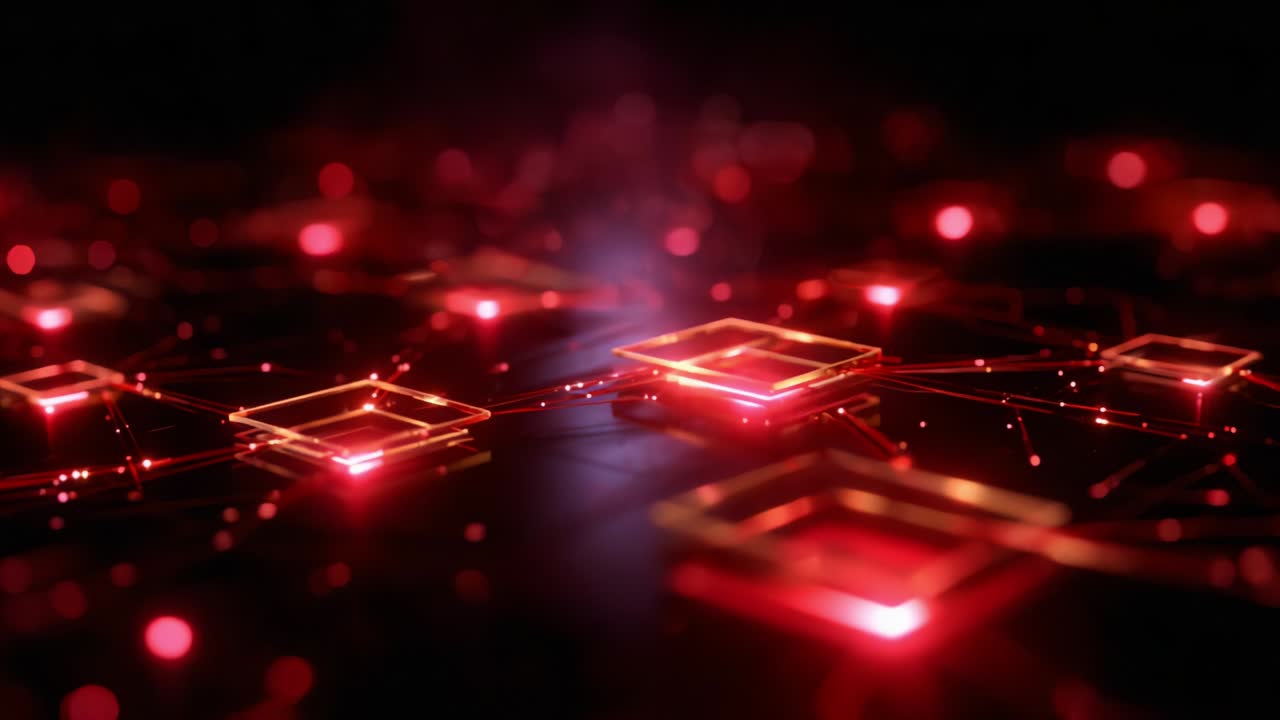 A Stunning Visual Representation of Abstract Technology Featuring Luminous Red Squares and Interconnected Lines Against a Dark Background, Capturing the Essence of Modern Digital Art and Innovation