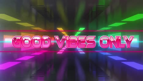 animation of good vibes only text banner against colorful neon tunnel in seamless pattern