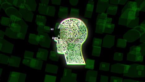 animación de cabeza humana con laberinto y cubos verdes sobre fondo negro