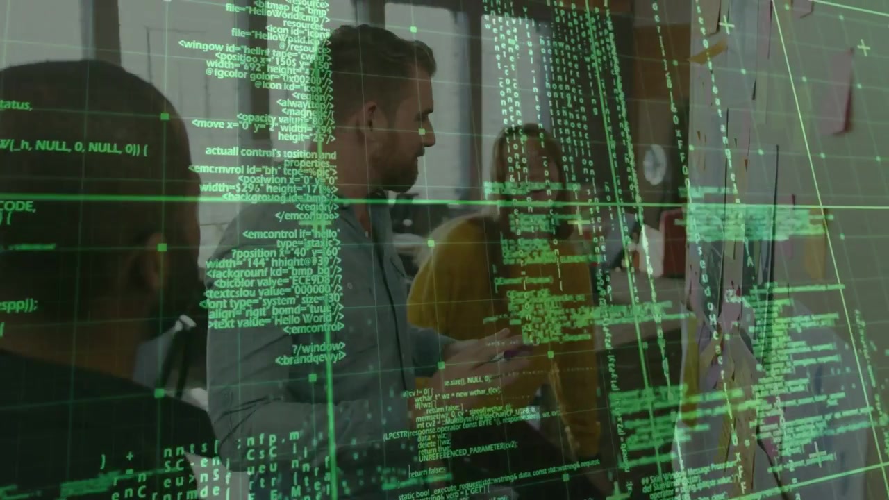 Pointing team at glass board with sticky notes, woman in mustard sweater with phone, green overlay