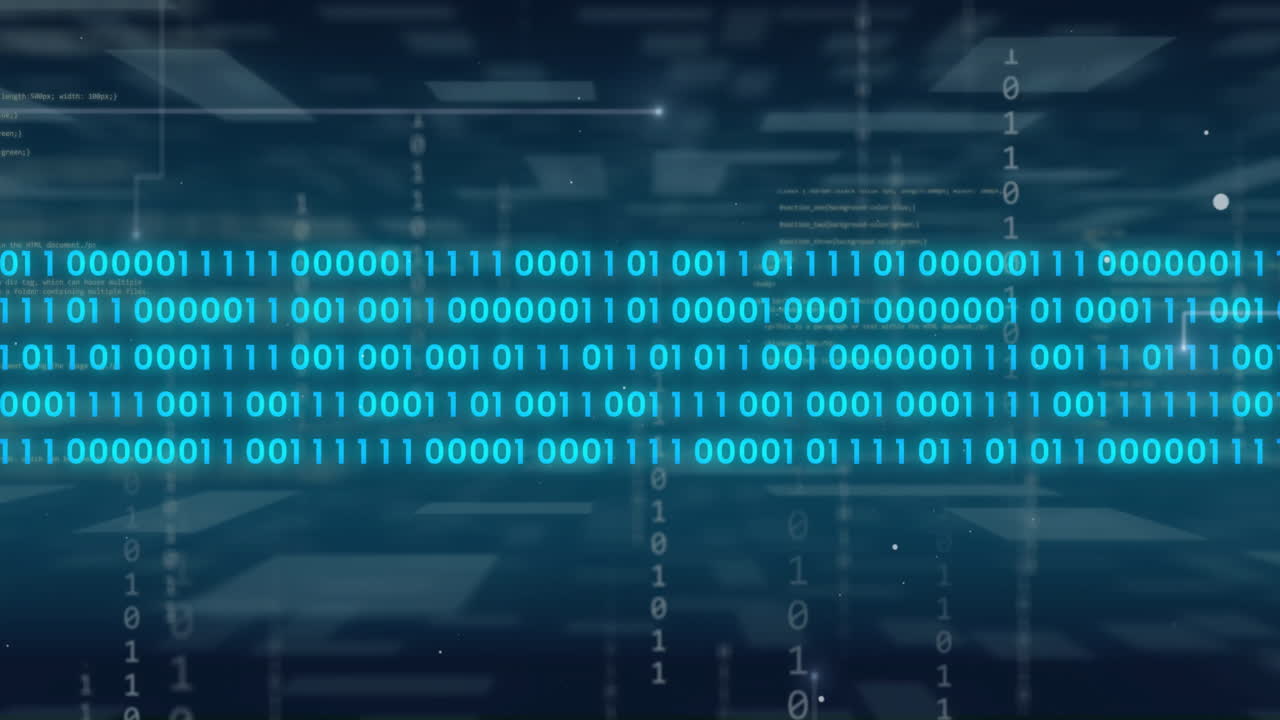 Binary code animation over digital data processing background