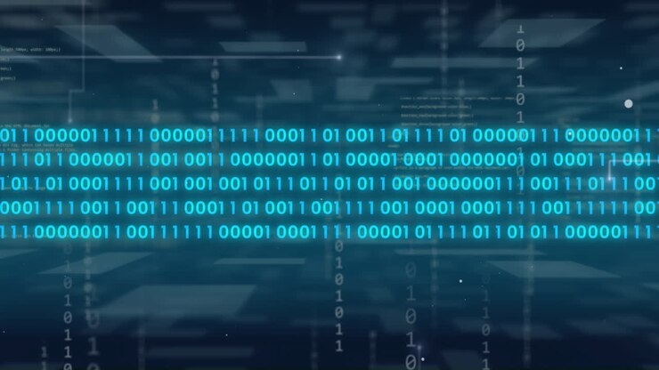 Binary code animation over digital data processing background