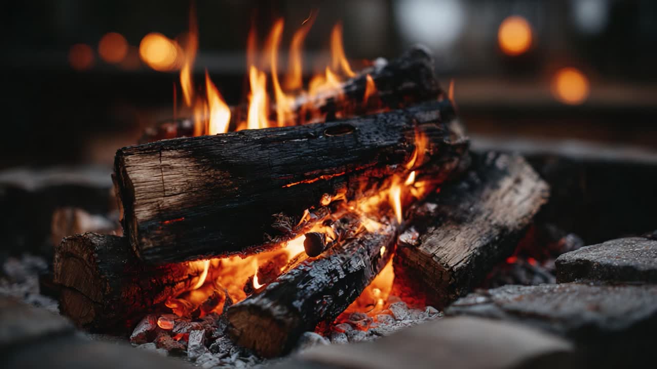 A Warm and Inviting Campfire Scene with Flickering Flames and Glowing Embers, Perfect for Cozy Evenings Outdoors, Emphasizing Nature's Beauty and Serenity