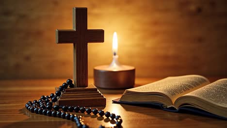 religious still life with cross, bible, and candle