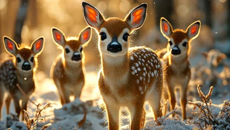 young deer exploring snowy landscape during peaceful winter afternoon