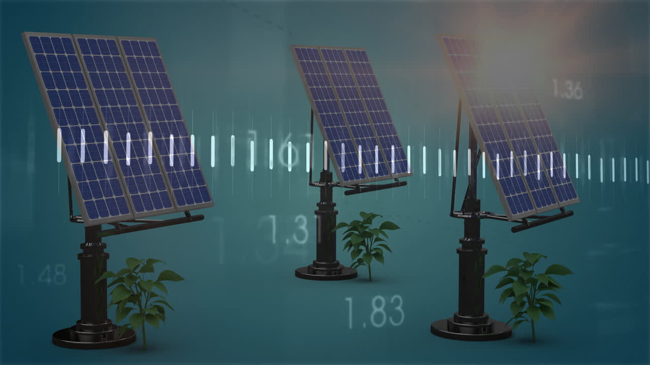 Solar panels being animated on black pedestals in teal scene, showing data bars and green plants