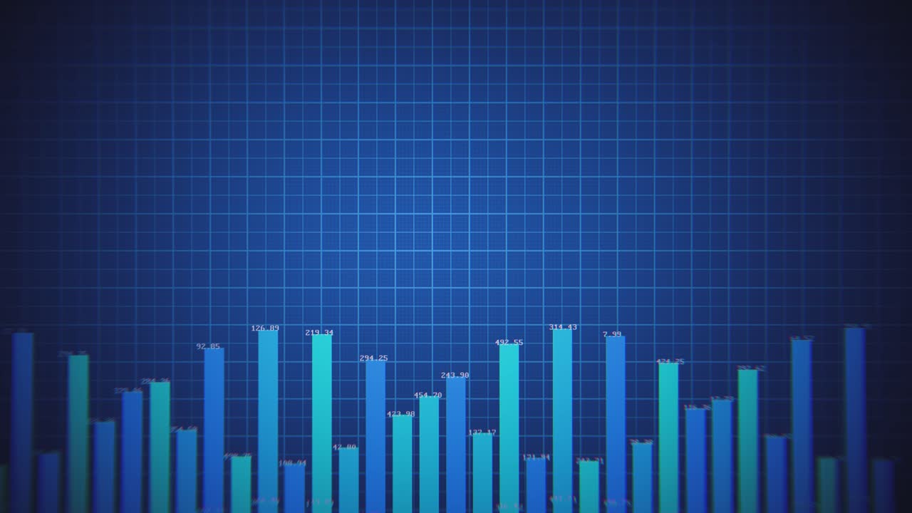 Animated Bar Chart Displaying Data and Statistics on a Blue Grid