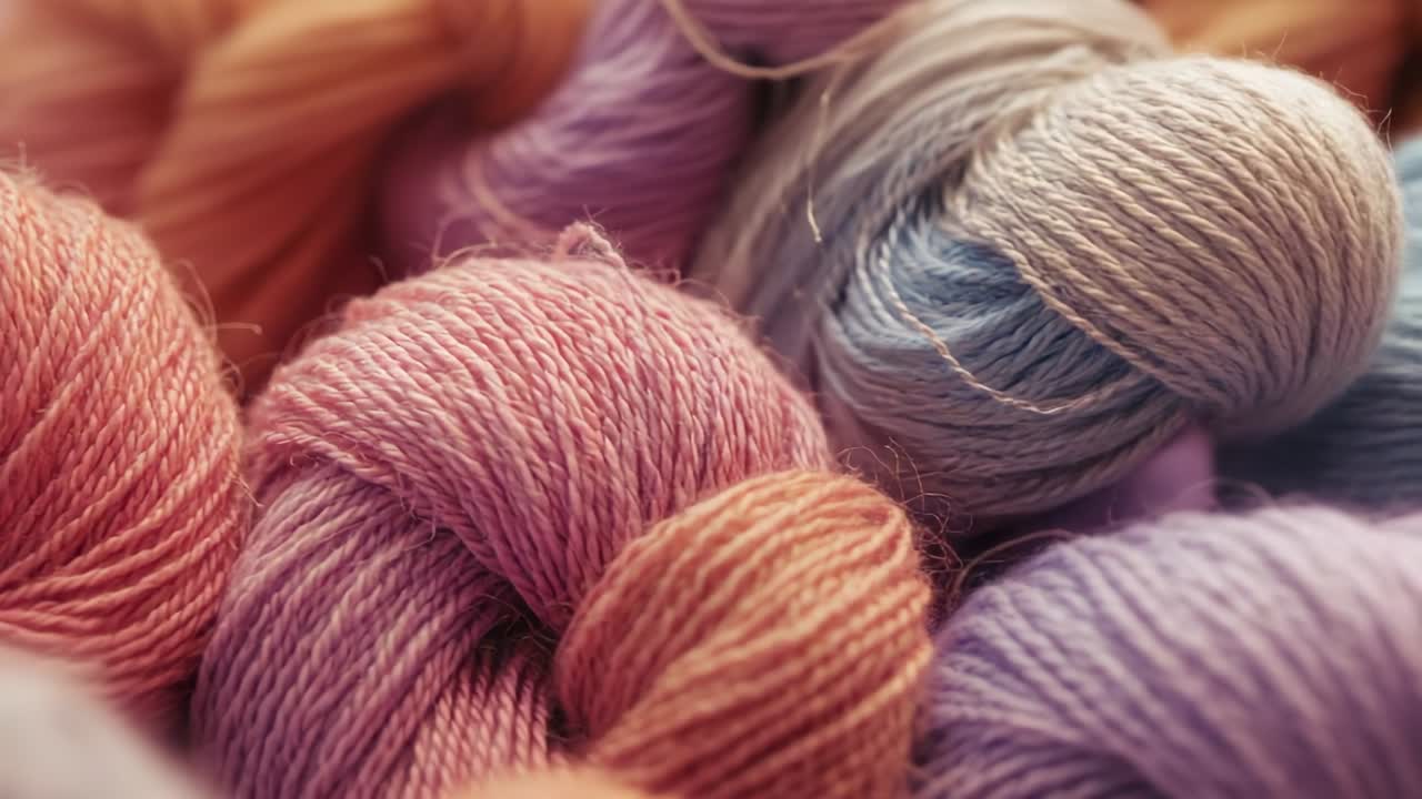 Lens shifting focus from peach pink to lavender skeins, panning, showing pale blue skein on table
